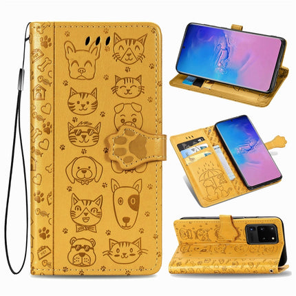 For Galaxy S20 Ultra Cute Cat and Dog Embossed Horizontal Flip PU Leather Case with Holder / Card Slot / Wallet / Lanyard(Yellow)-garmade.com