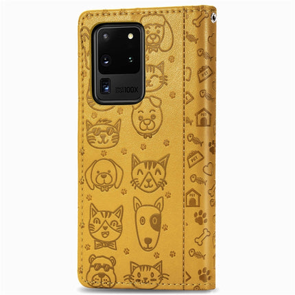 For Galaxy S20 Ultra Cute Cat and Dog Embossed Horizontal Flip PU Leather Case with Holder / Card Slot / Wallet / Lanyard(Yellow)-garmade.com