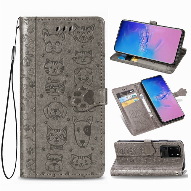 For Galaxy S20 Ultra Cute Cat and Dog Embossed Horizontal Flip PU Leather Case with Holder / Card Slot / Wallet / Lanyard(Gray)-garmade.com
