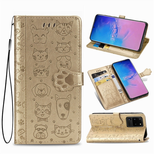 For Galaxy S20 Ultra Cute Cat and Dog Embossed Horizontal Flip PU Leather Case with Holder / Card Slot / Wallet / Lanyard(Gold)-garmade.com