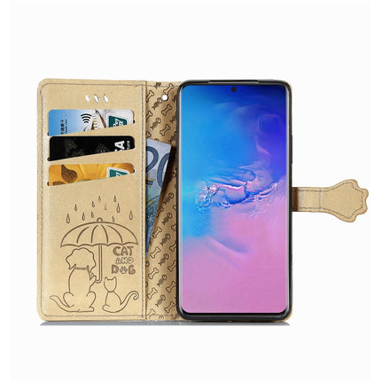 For Galaxy S20 Ultra Cute Cat and Dog Embossed Horizontal Flip PU Leather Case with Holder / Card Slot / Wallet / Lanyard(Gold)-garmade.com