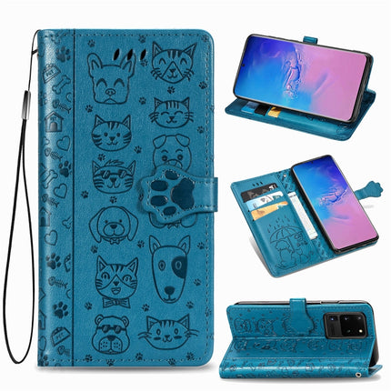 For Galaxy S20 Ultra Cute Cat and Dog Embossed Horizontal Flip PU Leather Case with Holder / Card Slot / Wallet / Lanyard(Blue)-garmade.com