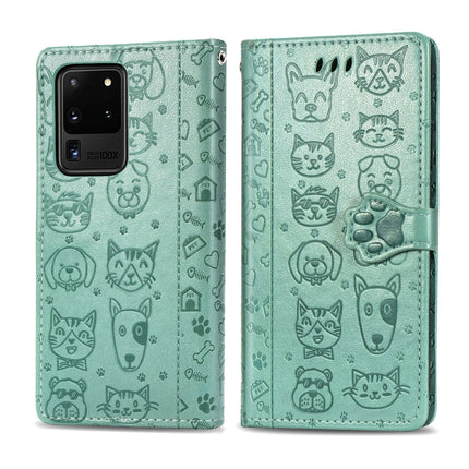 For Galaxy S20 Ultra Cute Cat and Dog Embossed Horizontal Flip PU Leather Case with Holder / Card Slot / Wallet / Lanyard(Green)-garmade.com