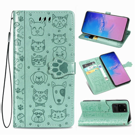 For Galaxy S20 Ultra Cute Cat and Dog Embossed Horizontal Flip PU Leather Case with Holder / Card Slot / Wallet / Lanyard(Green)-garmade.com