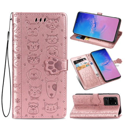 For Galaxy S20 Ultra Cute Cat and Dog Embossed Horizontal Flip PU Leather Case with Holder / Card Slot / Wallet / Lanyard(Rose Gold)-garmade.com