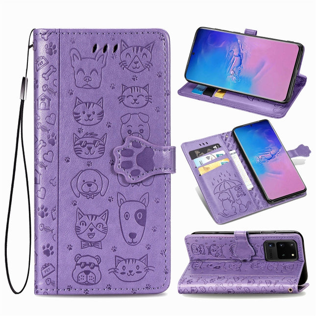 For Galaxy S20 Ultra Cute Cat and Dog Embossed Horizontal Flip PU Leather Case with Holder / Card Slot / Wallet / Lanyard(Purple)-garmade.com