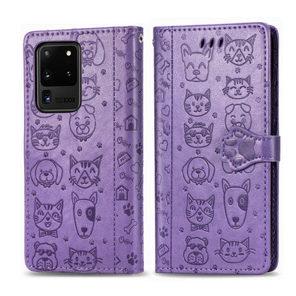 For Galaxy S20 Ultra Cute Cat and Dog Embossed Horizontal Flip PU Leather Case with Holder / Card Slot / Wallet / Lanyard(Purple)-garmade.com