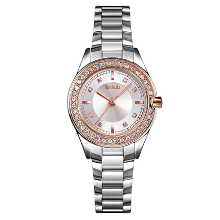 SKMEI 1534 elegant waterproof quartz steel band watch with diamond inlay(Silver Rose Gold)-garmade.com