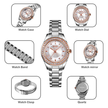 SKMEI 1534 elegant waterproof quartz steel band watch with diamond inlay(Silver Rose Gold)-garmade.com