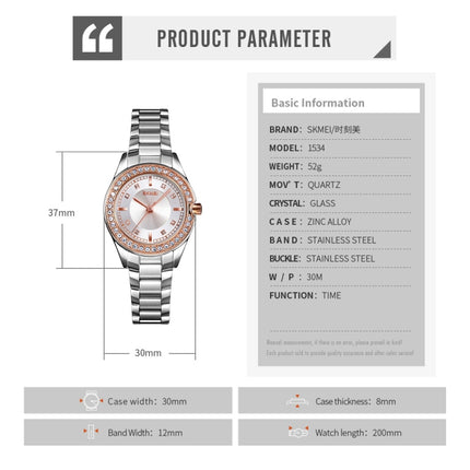 SKMEI 1534 elegant waterproof quartz steel band watch with diamond inlay(Silver Rose Gold)-garmade.com