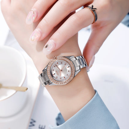 SKMEI 1534 elegant waterproof quartz steel band watch with diamond inlay(Silver Rose Gold)-garmade.com