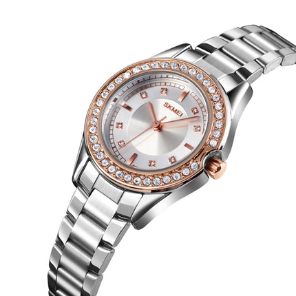 SKMEI 1534 elegant waterproof quartz steel band watch with diamond inlay(Silver Rose Gold)-garmade.com