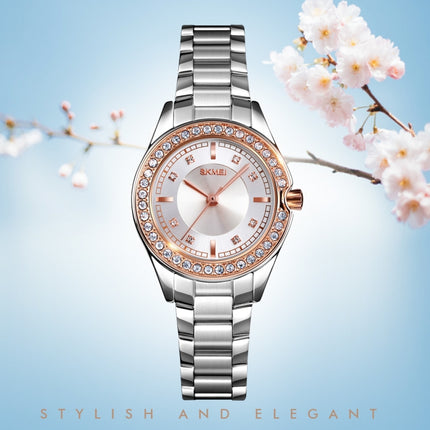 SKMEI 1534 elegant waterproof quartz steel band watch with diamond inlay(Silver Rose Gold)-garmade.com