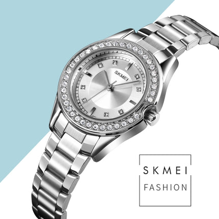 SKMEI 1534 elegant waterproof quartz steel band watch with diamond inlay(Silver Rose Gold)-garmade.com