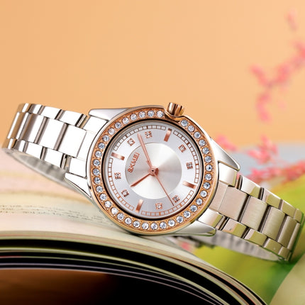 SKMEI 1534 elegant waterproof quartz steel band watch with diamond inlay(Silver Rose Gold)-garmade.com