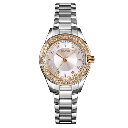 SKMEI 1534 elegant waterproof quartz steel band watch with diamond inlay(Silver Gold)-garmade.com