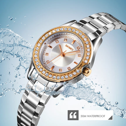 SKMEI 1534 elegant waterproof quartz steel band watch with diamond inlay(Silver Gold)-garmade.com