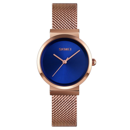 Skmei 1595 Fashion Elegant Scale Free Steel Mesh Belt Women's Watch Waterproof Business Student Quartz Watch Female(Rose Gold Blue)-garmade.com