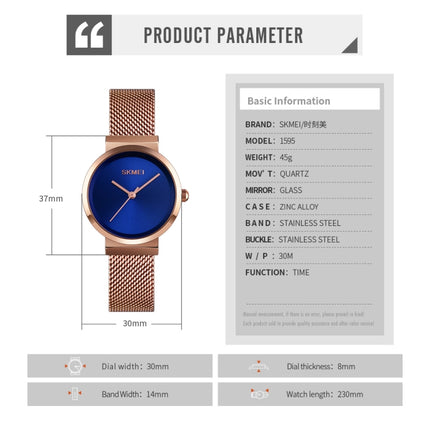 Skmei 1595 Fashion Elegant Scale Free Steel Mesh Belt Women's Watch Waterproof Business Student Quartz Watch Female(Rose Gold Blue)-garmade.com