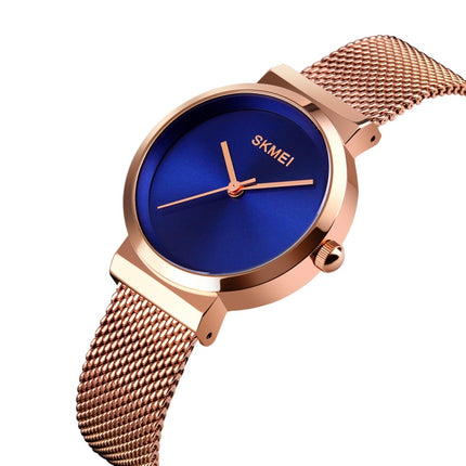 Skmei 1595 Fashion Elegant Scale Free Steel Mesh Belt Women's Watch Waterproof Business Student Quartz Watch Female(Rose Gold Blue)-garmade.com