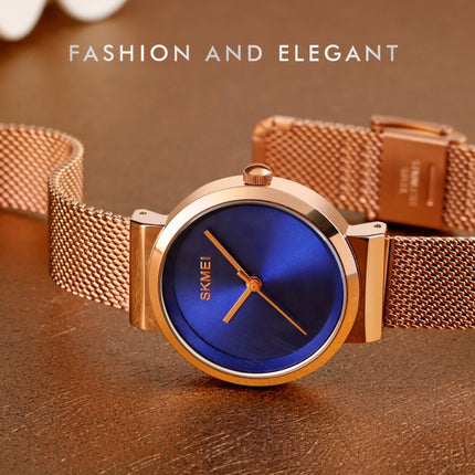 Skmei 1595 Fashion Elegant Scale Free Steel Mesh Belt Women's Watch Waterproof Business Student Quartz Watch Female(Rose Gold Blue)-garmade.com