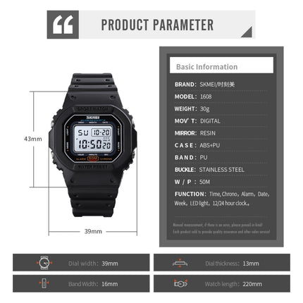 Skmei 1608 Multi-Function Student Electronic Watch Waterproof Timing Silicone Sports Watch(Black)-garmade.com