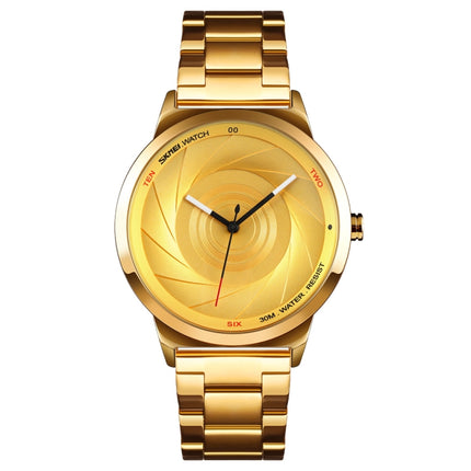 Skmei 9210 Fashion Trend Mens Business Wristwatch Simple Three-Dimensional Surface Waterproof Gold Quartz Watch Man(Gold)-garmade.com