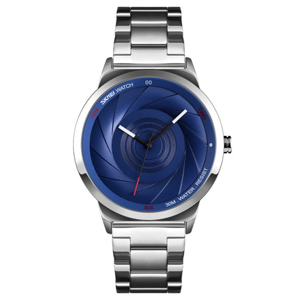Skmei 9210 Fashion Trend Mens Business Wristwatch Simple Three-Dimensional Surface Waterproof Gold Quartz Watch Man(Silver Blue)-garmade.com