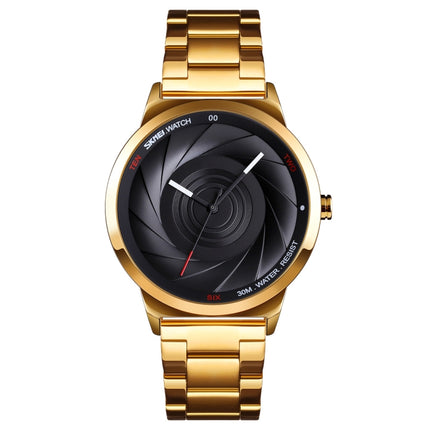 Skmei 9210 Fashion Trend Mens Business Wristwatch Simple Three-Dimensional Surface Waterproof Gold Quartz Watch Man(Golden Black)-garmade.com