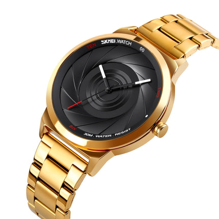 Skmei 9210 Fashion Trend Mens Business Wristwatch Simple Three-Dimensional Surface Waterproof Gold Quartz Watch Man(Golden Black)-garmade.com