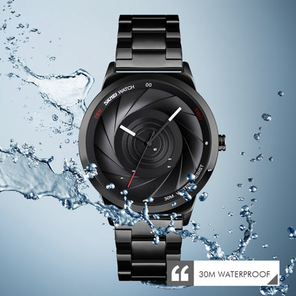 Skmei 9210 Fashion Trend Mens Business Wristwatch Simple Three-Dimensional Surface Waterproof Gold Quartz Watch Man(Black)-garmade.com