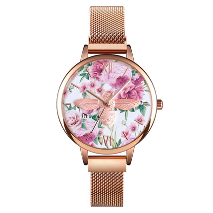 Skmei 9212 Fashion Lady Quartz Watch Student Female Temperament Waterproof Magnetic Suction Net Belt Watch(Flower Color)-garmade.com