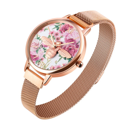 Skmei 9212 Fashion Lady Quartz Watch Student Female Temperament Waterproof Magnetic Suction Net Belt Watch(Flower Color)-garmade.com