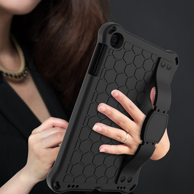 For iPad mini 5 / 4 / 3 / 2 /1 Honeycomb Design EVA + PC Four Corner Anti Falling Flat Protective Shell With Straps(Black+Black)-garmade.com