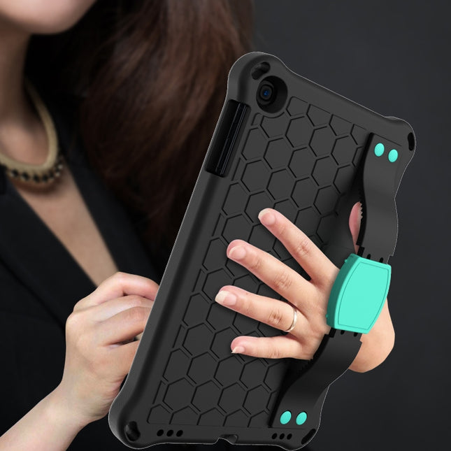 For iPad mini 5 / 4 / 3 / 2 /1 Honeycomb Design EVA + PC Four Corner Anti Falling Flat Protective Shell With Straps(Black+Aqua)-garmade.com