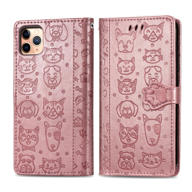 For iPhone 11 Pro Max Cute Cat and Dog Embossed Horizontal Flip PU Leather Case with Holder / Card Slot / Wallet / Lanyard(Rose Gold)-garmade.com