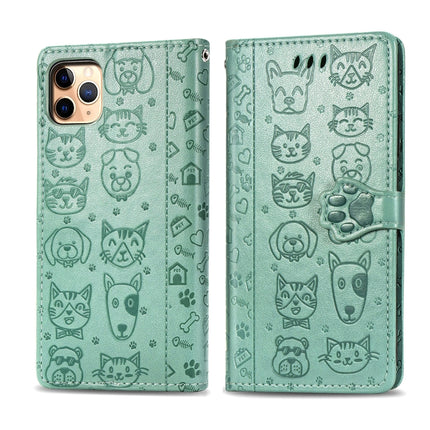 For iPhone 11 Pro Max Cute Cat and Dog Embossed Horizontal Flip PU Leather Case with Holder / Card Slot / Wallet / Lanyard(Grass Green)-garmade.com