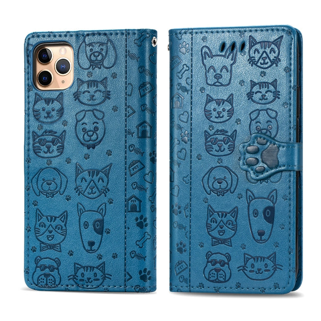 For iPhone 11 Pro Max Cute Cat and Dog Embossed Horizontal Flip PU Leather Case with Holder / Card Slot / Wallet / Lanyard(Blue)-garmade.com