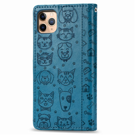 For iPhone 11 Pro Max Cute Cat and Dog Embossed Horizontal Flip PU Leather Case with Holder / Card Slot / Wallet / Lanyard(Blue)-garmade.com