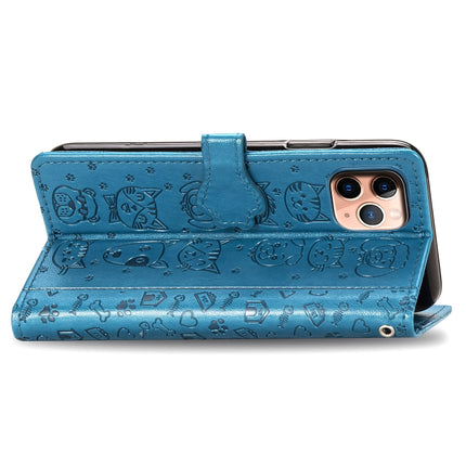 For iPhone 11 Pro Max Cute Cat and Dog Embossed Horizontal Flip PU Leather Case with Holder / Card Slot / Wallet / Lanyard(Blue)-garmade.com