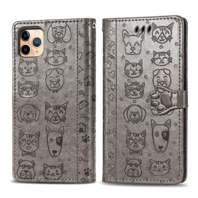 For iPhone 11 Pro Max Cute Cat and Dog Embossed Horizontal Flip PU Leather Case with Holder / Card Slot / Wallet / Lanyard(Grey)-garmade.com