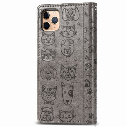 For iPhone 11 Pro Max Cute Cat and Dog Embossed Horizontal Flip PU Leather Case with Holder / Card Slot / Wallet / Lanyard(Grey)-garmade.com