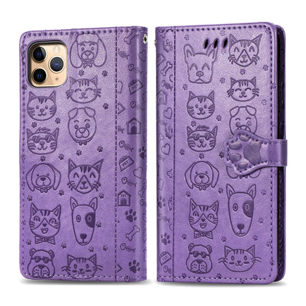 For iPhone 11 Pro Max Cute Cat and Dog Embossed Horizontal Flip PU Leather Case with Holder / Card Slot / Wallet / Lanyard(Light Purple)-garmade.com