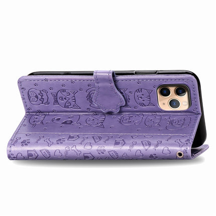 For iPhone 11 Pro Max Cute Cat and Dog Embossed Horizontal Flip PU Leather Case with Holder / Card Slot / Wallet / Lanyard(Light Purple)-garmade.com