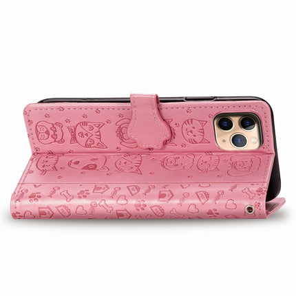 For iPhone 11 Pro Max Cute Cat and Dog Embossed Horizontal Flip PU Leather Case with Holder / Card Slot / Wallet / Lanyard(Pink)-garmade.com
