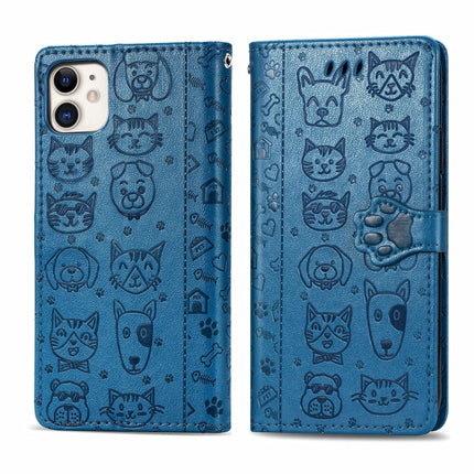 For iPhone 11 Cute Cat and Dog Embossed Horizontal Flip PU Leather Case with Holder / Card Slot / Wallet / Lanyard(Blue)-garmade.com