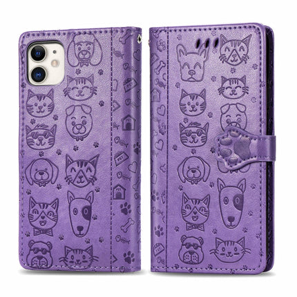 For iPhone 11 Cute Cat and Dog Embossed Horizontal Flip PU Leather Case with Holder / Card Slot / Wallet / Lanyard(Light Purple)-garmade.com