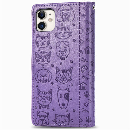 For iPhone 11 Cute Cat and Dog Embossed Horizontal Flip PU Leather Case with Holder / Card Slot / Wallet / Lanyard(Light Purple)-garmade.com