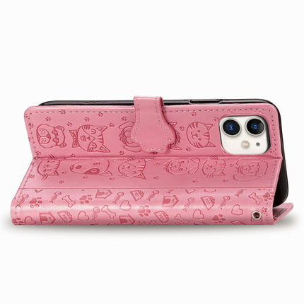For iPhone 11 Cute Cat and Dog Embossed Horizontal Flip PU Leather Case with Holder / Card Slot / Wallet / Lanyard(Pink)-garmade.com
