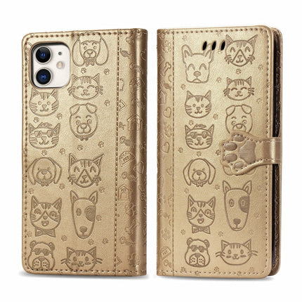 For iPhone 11 Cute Cat and Dog Embossed Horizontal Flip PU Leather Case with Holder / Card Slot / Wallet / Lanyard(Gold)-garmade.com